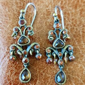 Vintage Liz Claiborne‎ Chandelier Earrings Bronze Amber Rhinestone Drop Dangle